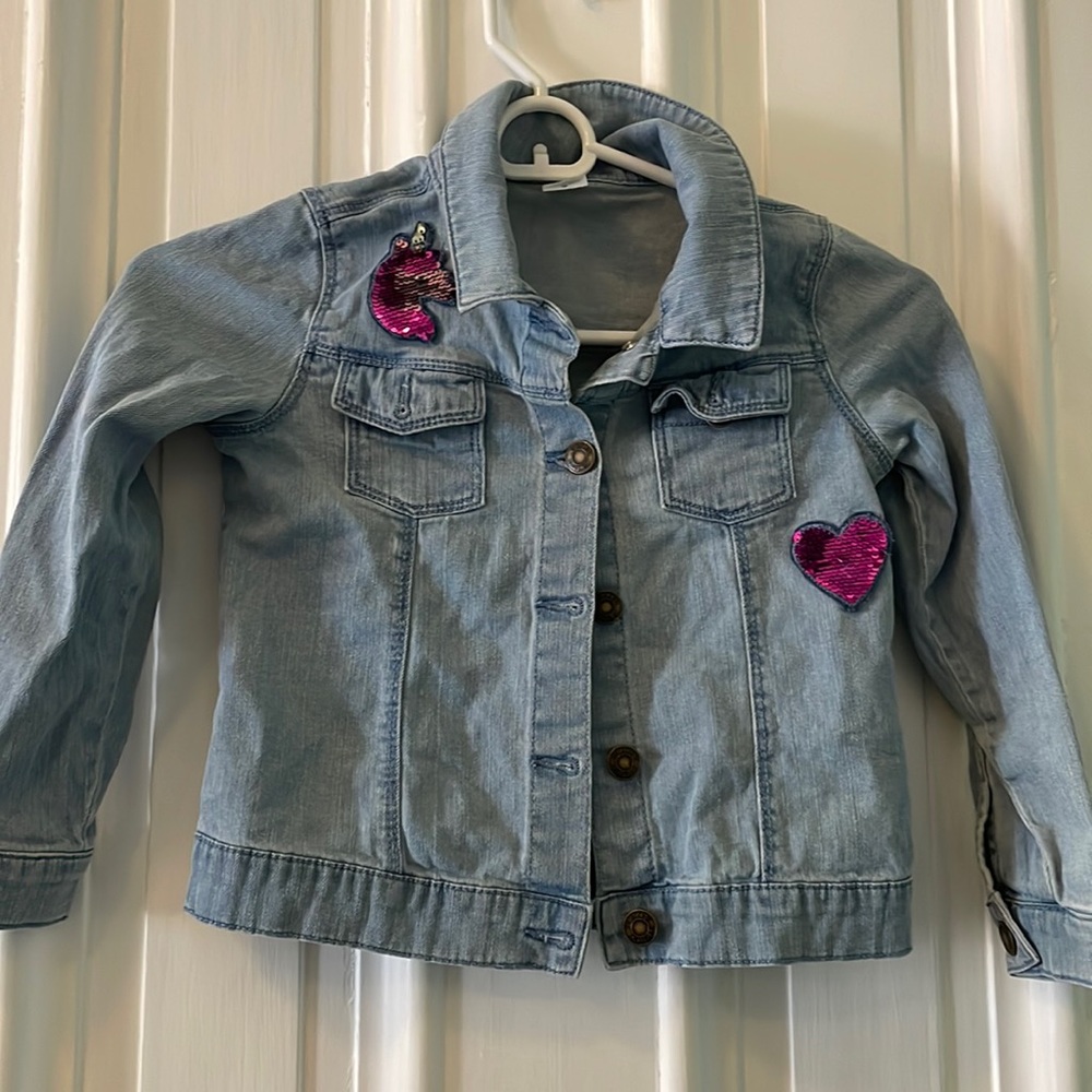 Carters Girls Sz 6/6x Denim Jacket Sequin Heart and Unicorn Embellishments
